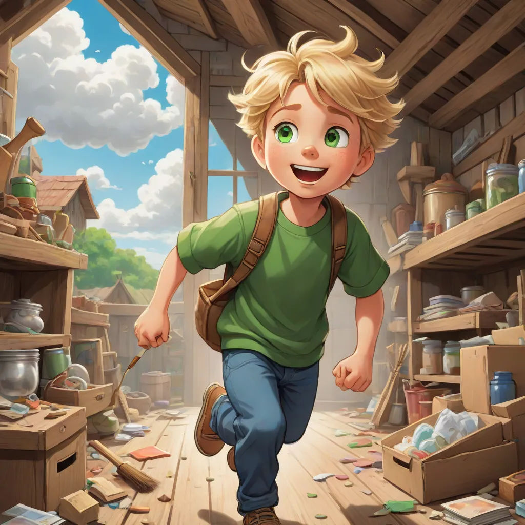 a boy is running through a messy room with boxes and other items on the floor and a sky background, fantasy art, a storybook illustration, Aaron Jasinski, official art