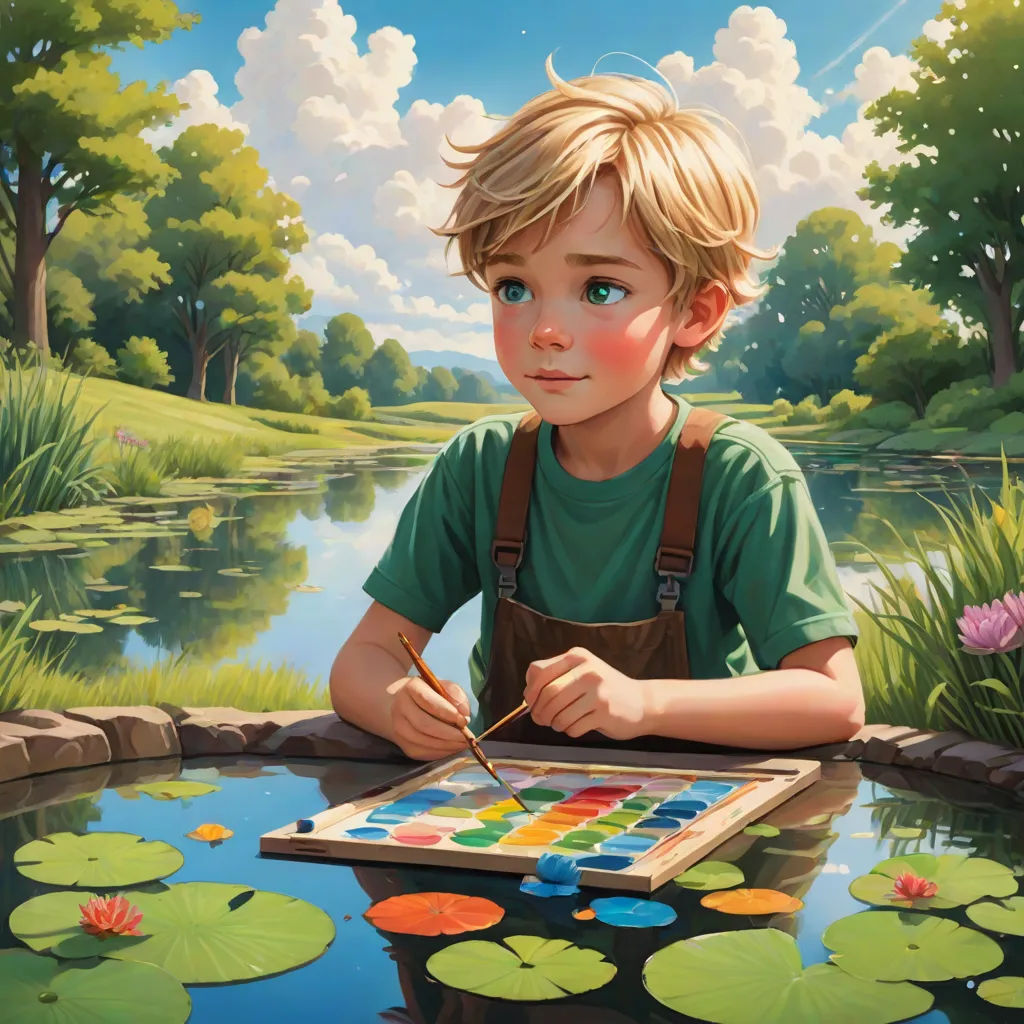 a painting of a boy painting a picture of a pond with lily pads and a brush in his hand, fantasy art, a detailed painting, Aaron Jasinski, stanley artgerm lau