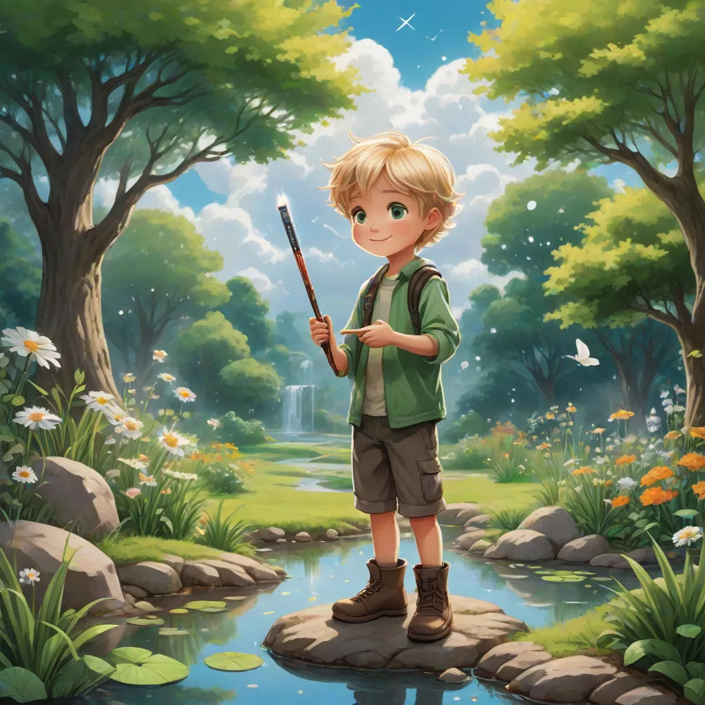 a boy holding a stick standing on a rock in a forest by a stream of water and flowers, with a waterfall in the background, fantasy art, a storybook illustration, Aaron Jasinski, official art