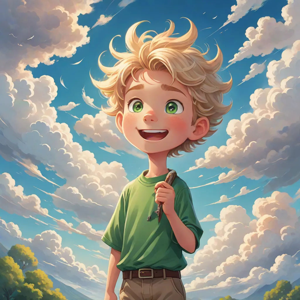 a boy with a green shirt and a green umbrella in the sky with clouds behind him and a blue sky with white clouds, fantasy art, a storybook illustration, Aaron Jasinski, stanley artgerm lau