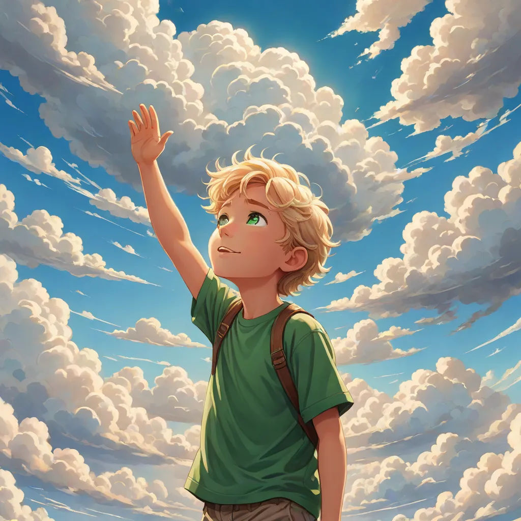 a boy is standing in front of a sky with clouds and a bird flying overhead in the sky above him, fantasy art, a storybook illustration, Aaron Jasinski, sky