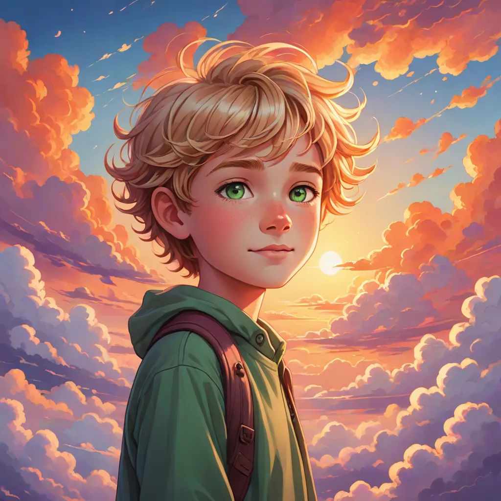 a painting of a boy with a backpack looking at the sky with clouds in the background and the sun shining, fantasy art, a detailed painting, Aaron Jasinski, rossdraws global illumination