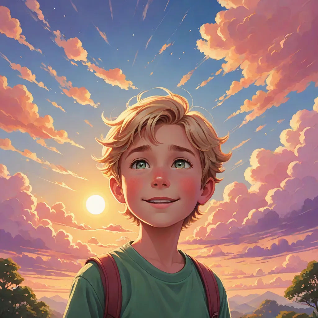 a boy with a backpack looking up at the sky with the sun in the background and clouds in the sky, fantasy art, a storybook illustration, Aaron Jasinski, rossdraws global illumination
