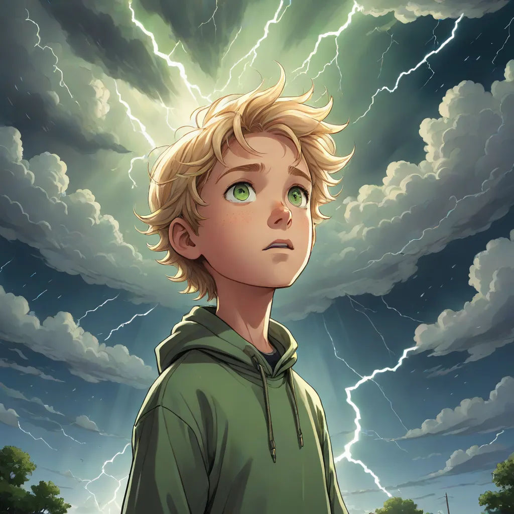 a boy with blonde hair and green eyes stares into the distance while lightning strikes behind him in the sky, shock art, a character portrait, Aaron Jasinski, comic cover art