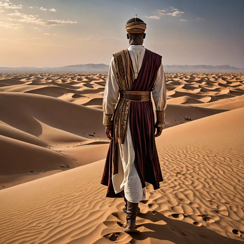 a man in a desert with a desert landscape in the background and sand dunes in the foreground, with a sky in the background, Amir Zand, dau-al-set, a detailed matte painting, cinematic photography