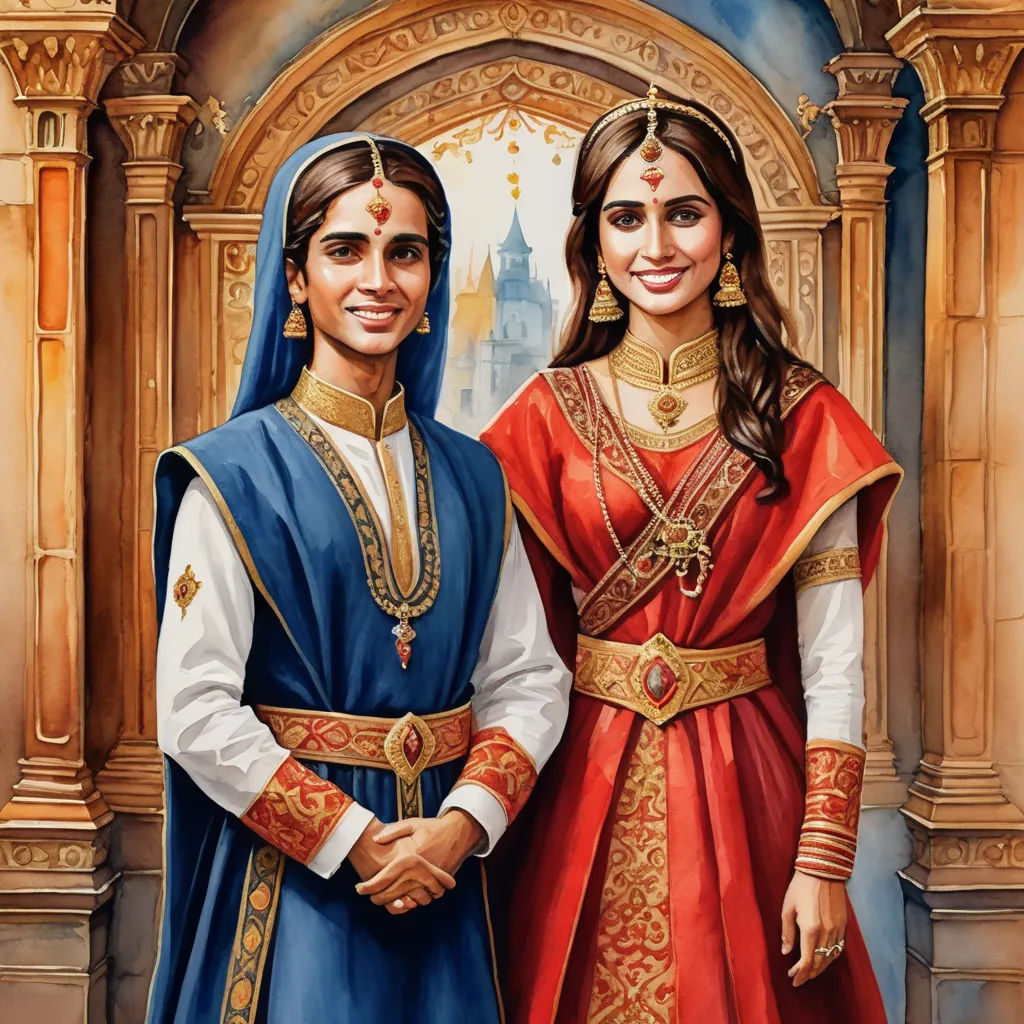 a painting of two people dressed in medieval clothing, one holding the hand of the other's hand, samikshavad, a detailed painting, Altoon Sultan, official art