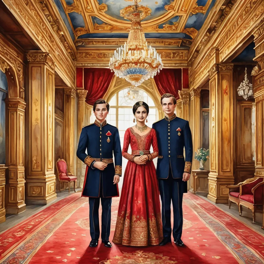 a painting of a couple in a palace with a chandelier and red carpet and a chandelier hanging from the ceiling, sots art, a detailed matte painting, Charles Bird King, official art