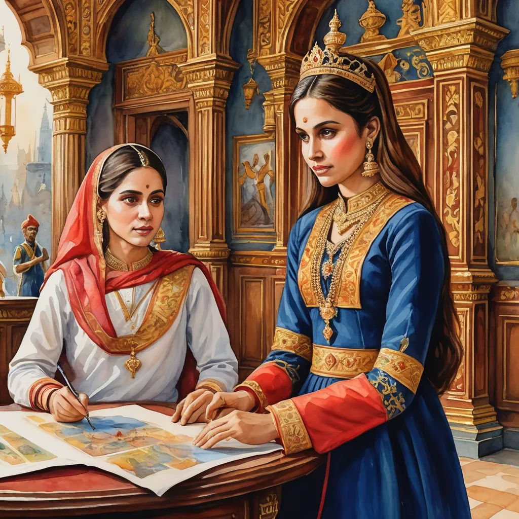 a painting of two women in medieval dress sitting at a table with a book in front of them and a man standing behind them, fantasy art, a detailed painting, Art & Language, detailed painting