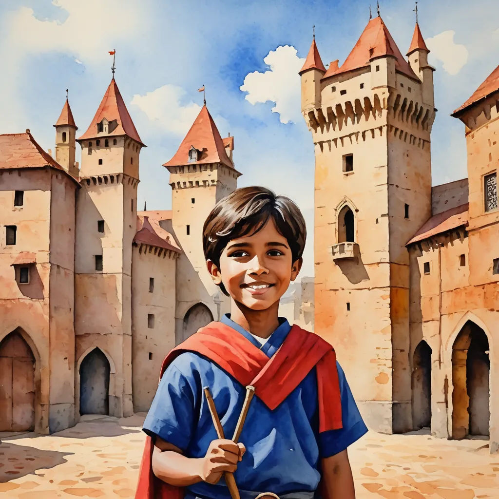 a painting of a boy in front of a castle with a red cape on his head and a red backpack on his shoulder, fantasy art, a detailed matte painting, Diego Gisbert Llorens, rossdraws global illumination