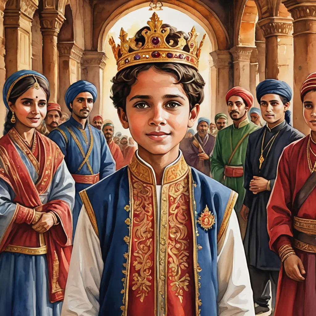 a painting of a boy in a crown surrounded by other people in colorful clothing and turbans,, samikshavad, a storybook illustration, Altoon Sultan, official art