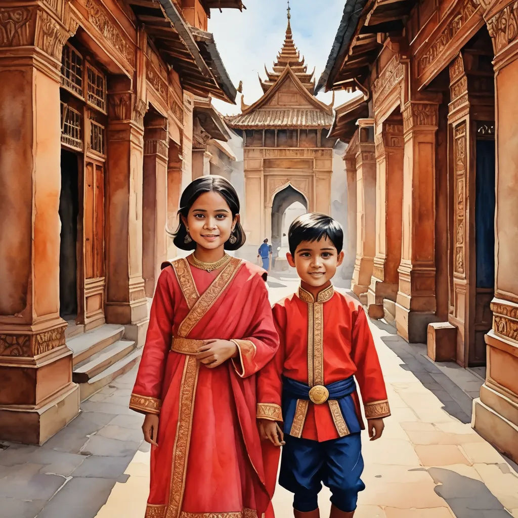 a painting of two children in a courtyard of a building with a pagoda in the background and a man in the foreground, photorealism, a photorealistic painting, Drew Struzan, highly detailed digital painting
