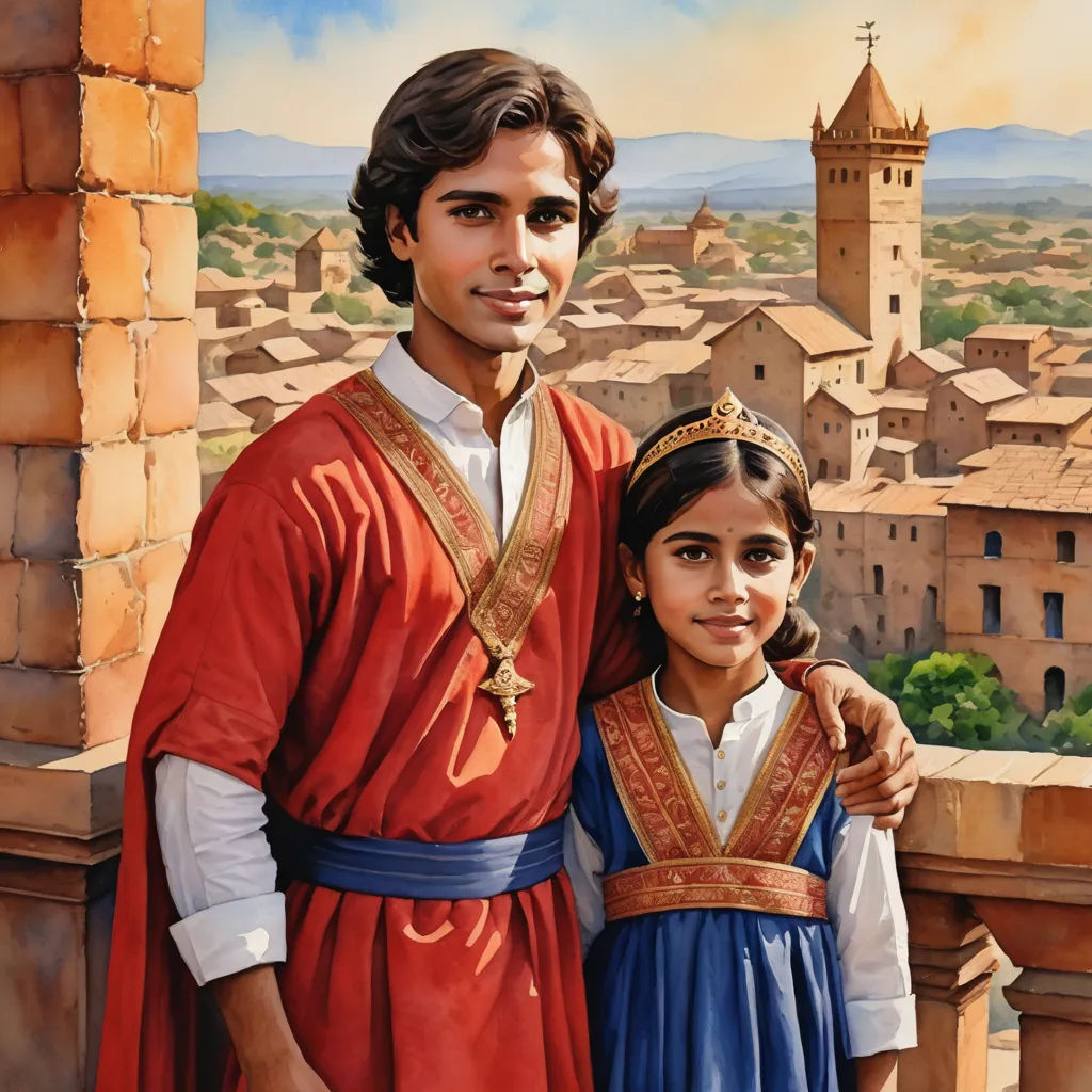 a painting of a man and a girl in a red dress standing in front of a cityscape, figurative art, an oil painting, Brothers Hildebrandt, detailed painting