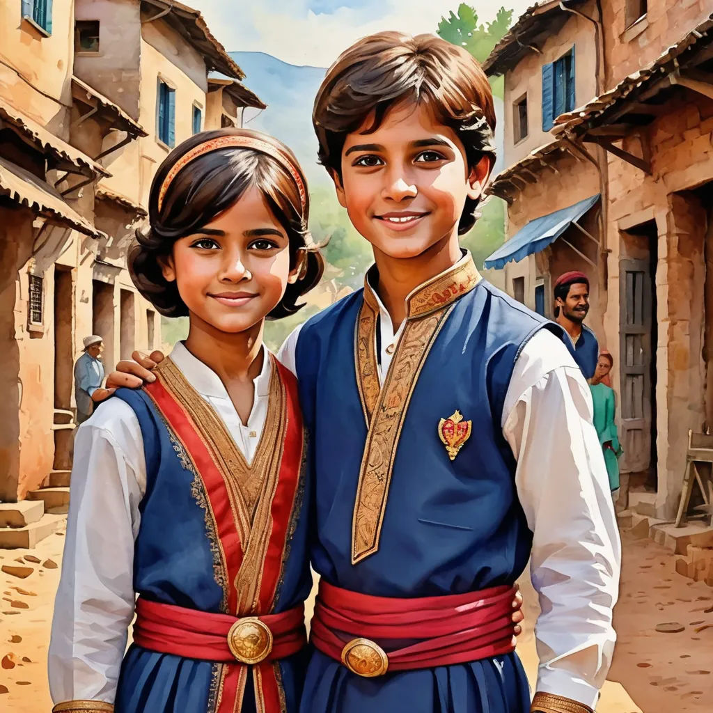 a painting of two children in traditional clothing standing in a village street with a village in the background and a man in the foreground, samikshavad, a detailed painting, Brothers Hildebrandt, highly detailed digital painting
