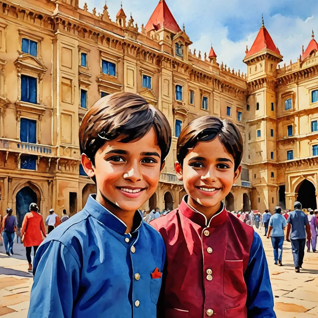 two young boys standing in front of a building with a clock tower on it's side and people walking around, photorealism, a photorealistic painting, Chris LaBrooy, highly detailed digital painting
