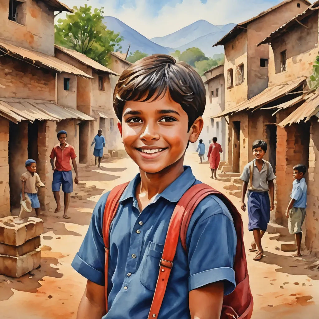 a painting of a boy with a backpack on a street with people walking around him and a mountain in the background, samikshavad, a detailed painting, Bob Byerley, detailed painting