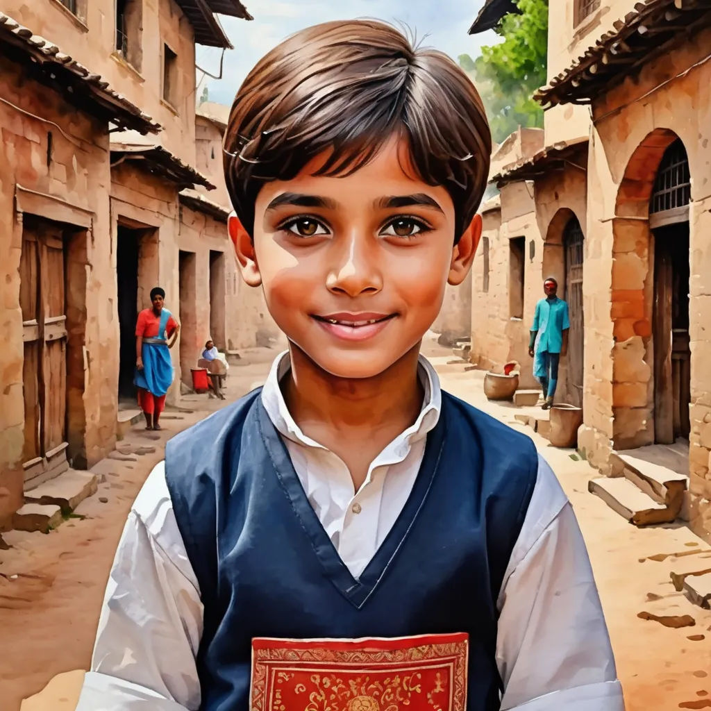 a boy in a school uniform holding a book in his hands in a village street with people in the background, photorealism, a photorealistic painting, Bholekar Srihari, extremely detailed oil painting