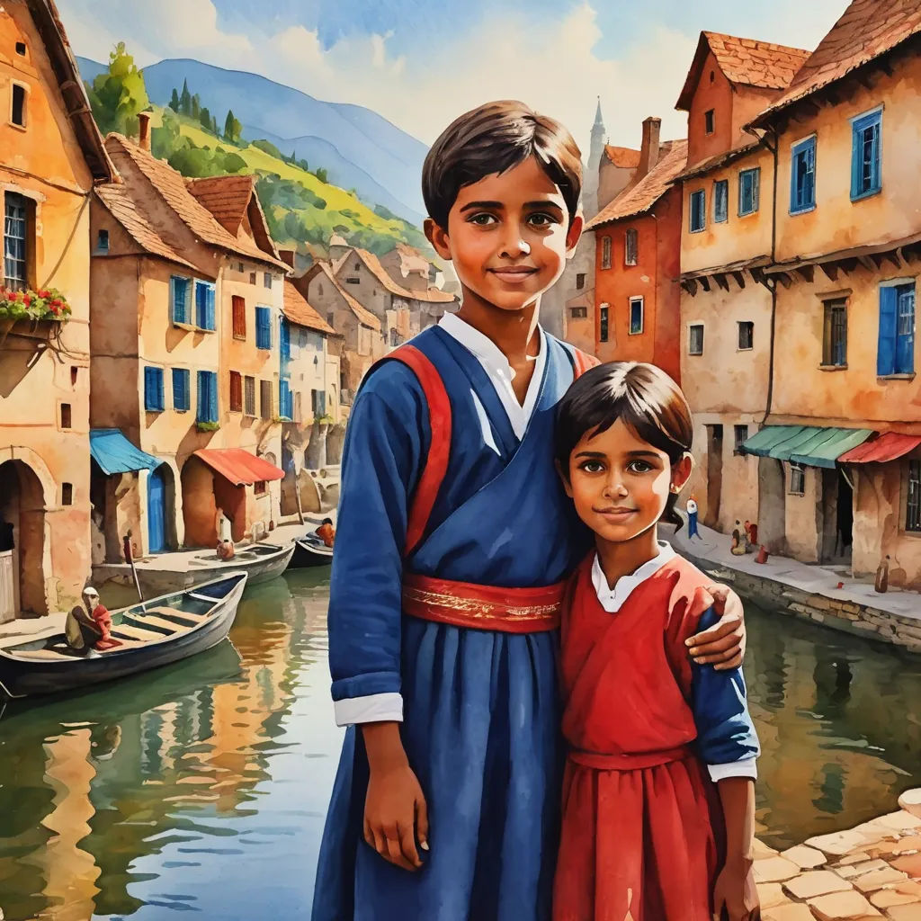 a painting of two children standing next to each other in front of a river and buildings with boats on the water, american scene painting, a detailed painting, Brothers Hildebrandt, detailed painting