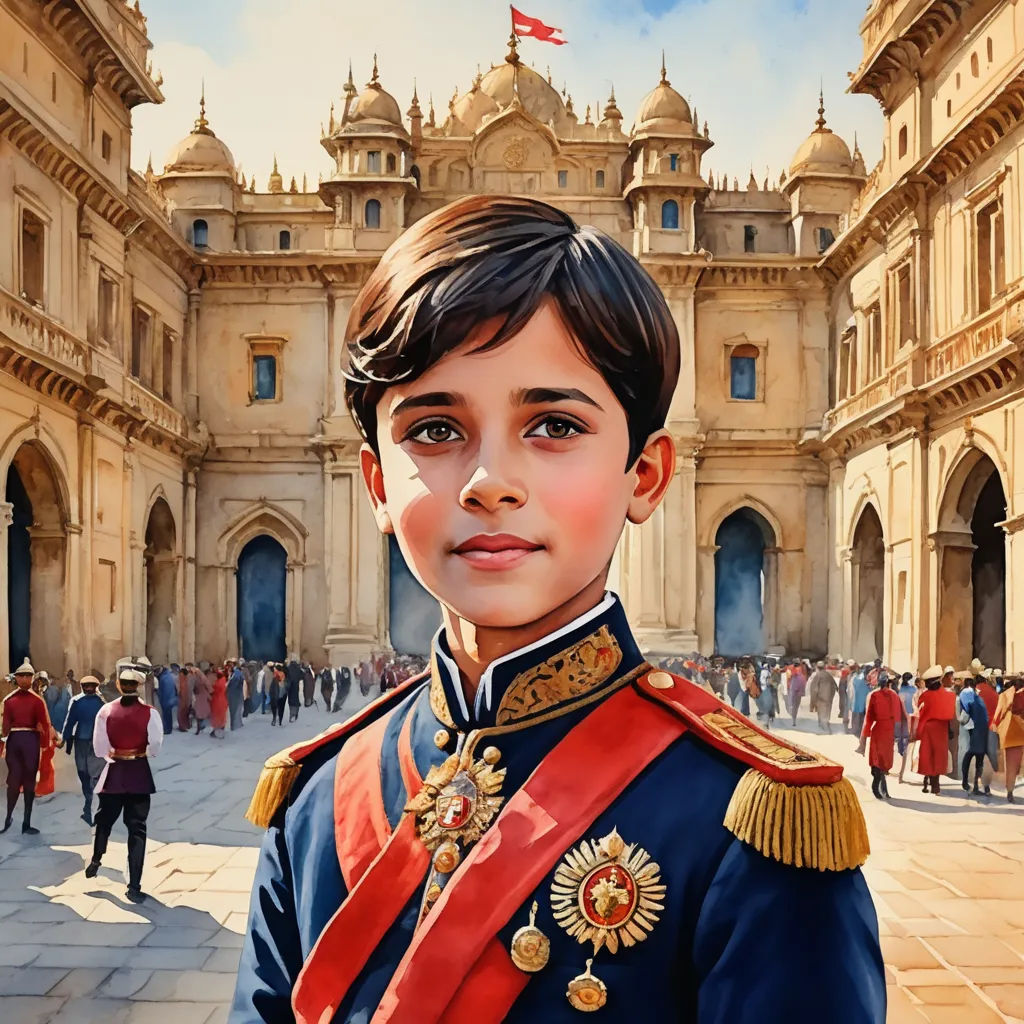 a painting of a boy in a uniform in front of a building with a flag on it and people walking around, photorealism, a detailed painting, Chris LaBrooy, highly detailed digital painting