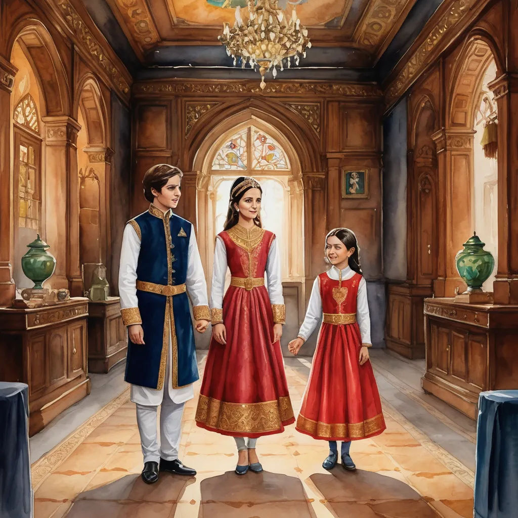 a painting of a man and a woman in a palace hallway holding hands and looking at each other with a chandelier hanging above them, danube school, a storybook illustration, Altoon Sultan, official art