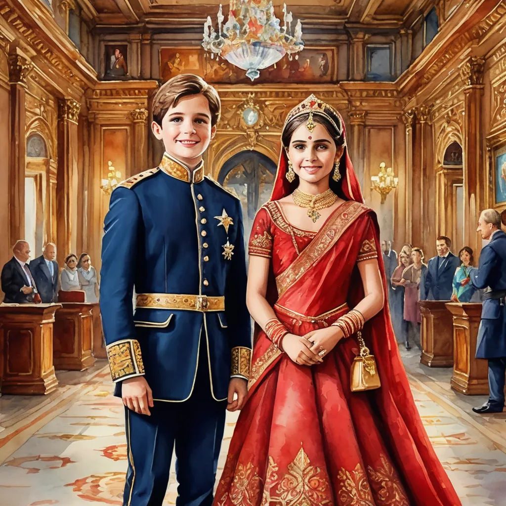 a painting of a couple in a palace wedding dress standing next to each other in front of a chandelier, samikshavad, a digital rendering, Bob Byerley, official art