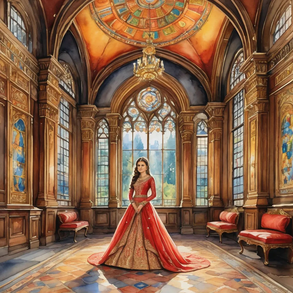 a painting of a woman in a red dress in a large room with stained glass windows and a chandelier, fantasy art, a storybook illustration, Donato Giancola, official art