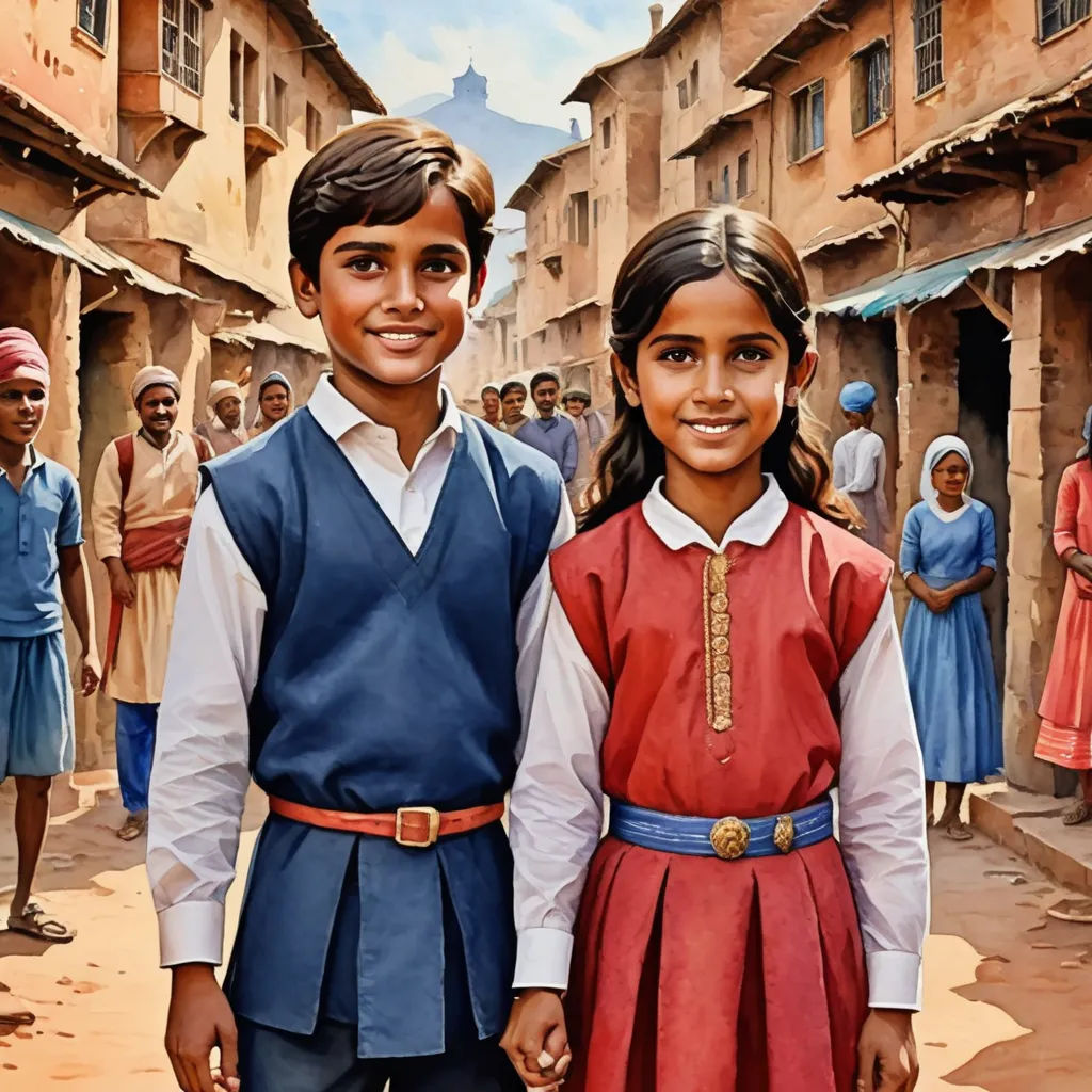 a painting of two children standing in a village with people in the background and a building in the background, samikshavad, an oil on canvas painting, Bob Byerley, extremely detailed oil painting