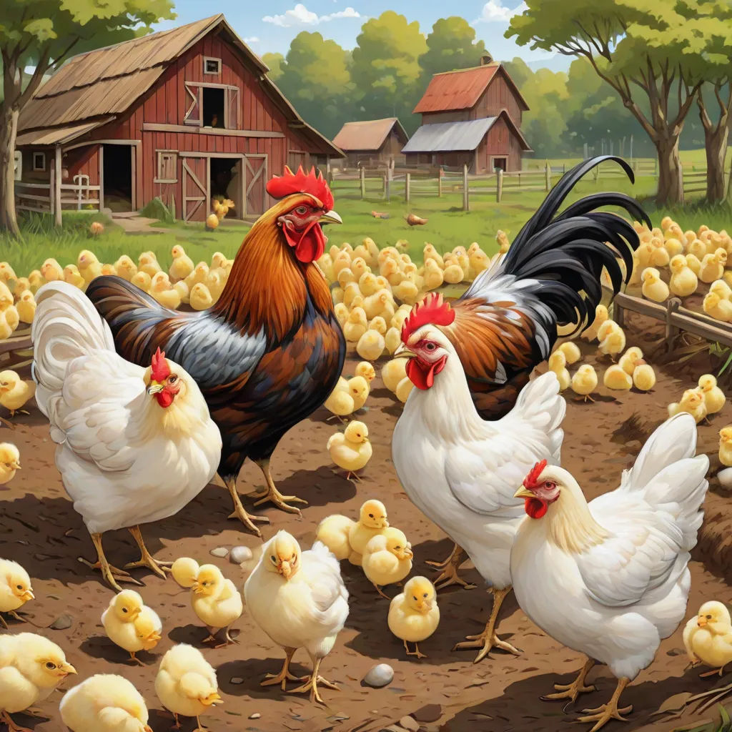 a painting of chickens and chickens in a farm yard with a barn in the background and a red barn in the background, precisionism, a storybook illustration, David Young Cameron, highly detailed digital painting