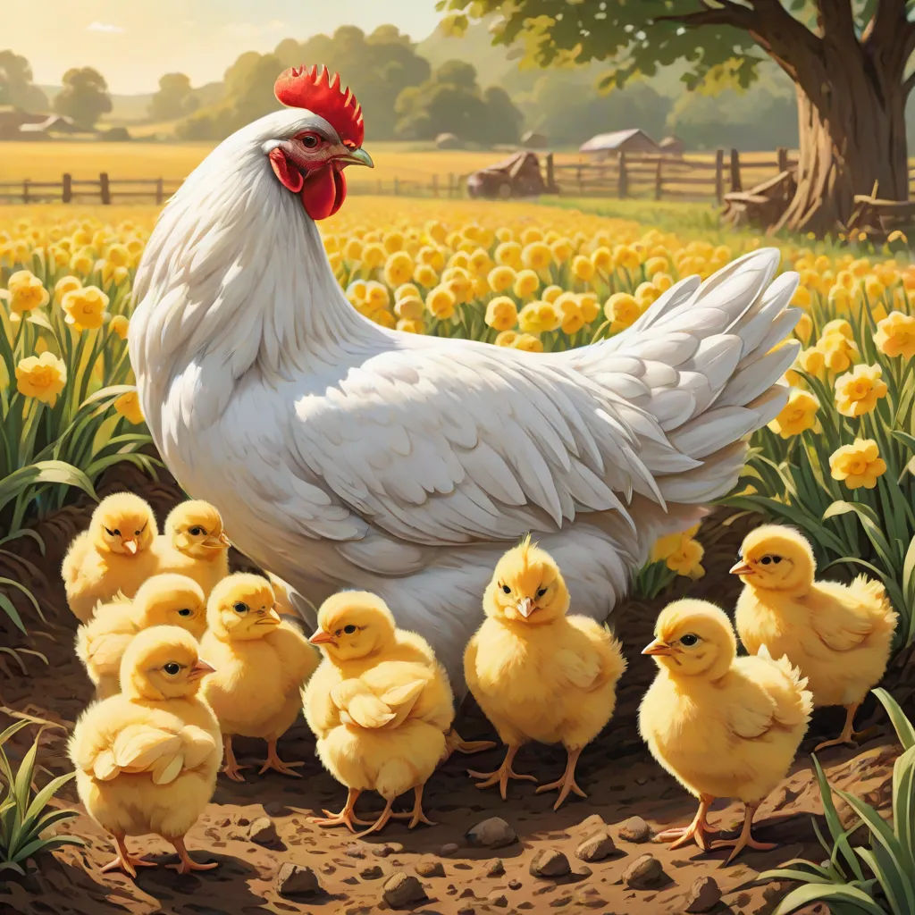 a chicken with her chicks in a field of flowers and trees in the background, with a fence in the foreground, massurrealism, a storybook illustration, Chris LaBrooy, 4k uhd image