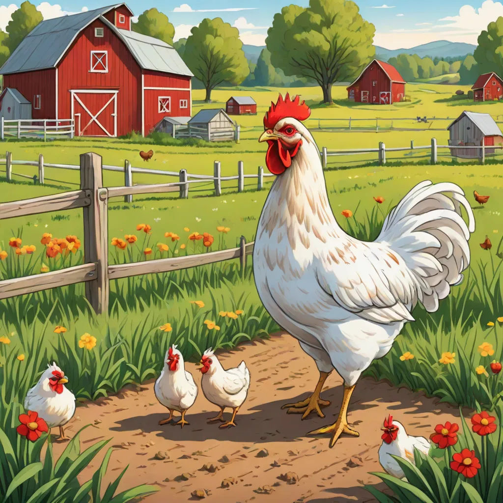 a painting of a rooster and her chicks in a farm yard with a barn in the background and a red barn in the background, folk art, a storybook illustration, Andries Stock, detailed illustration