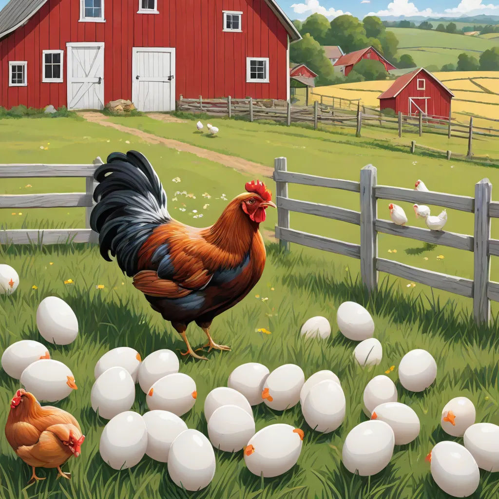 a painting of a rooster and chickens in a field of eggs near a fence and barn with a red barn, american scene painting, a storybook illustration, Chris LaBrooy, highly detailed digital painting