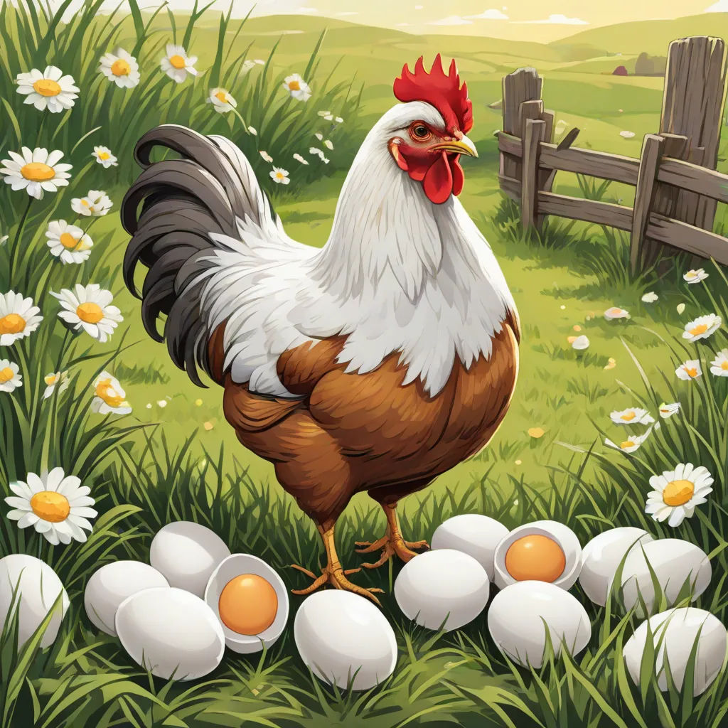a chicken standing in the grass near eggs and a fence with daisies in the background, with a wooden fence in the background, ecological art, a storybook illustration, Chris LaBrooy, detailed illustration
