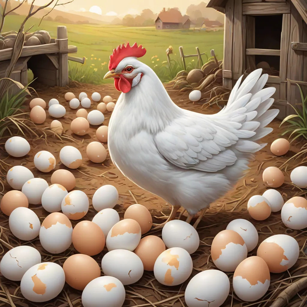 a chicken standing in a nest filled with eggs next to a chicken house and a chicken coop with a chicken, symbolism, a storybook illustration, Chris LaBrooy, highly detailed digital painting