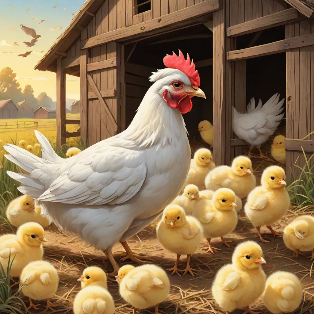 a chicken and her chicks are in a barn yard with a barn in the background and a barn in the foreground, context art, a storybook illustration, Chris LaBrooy, highly detailed digital painting