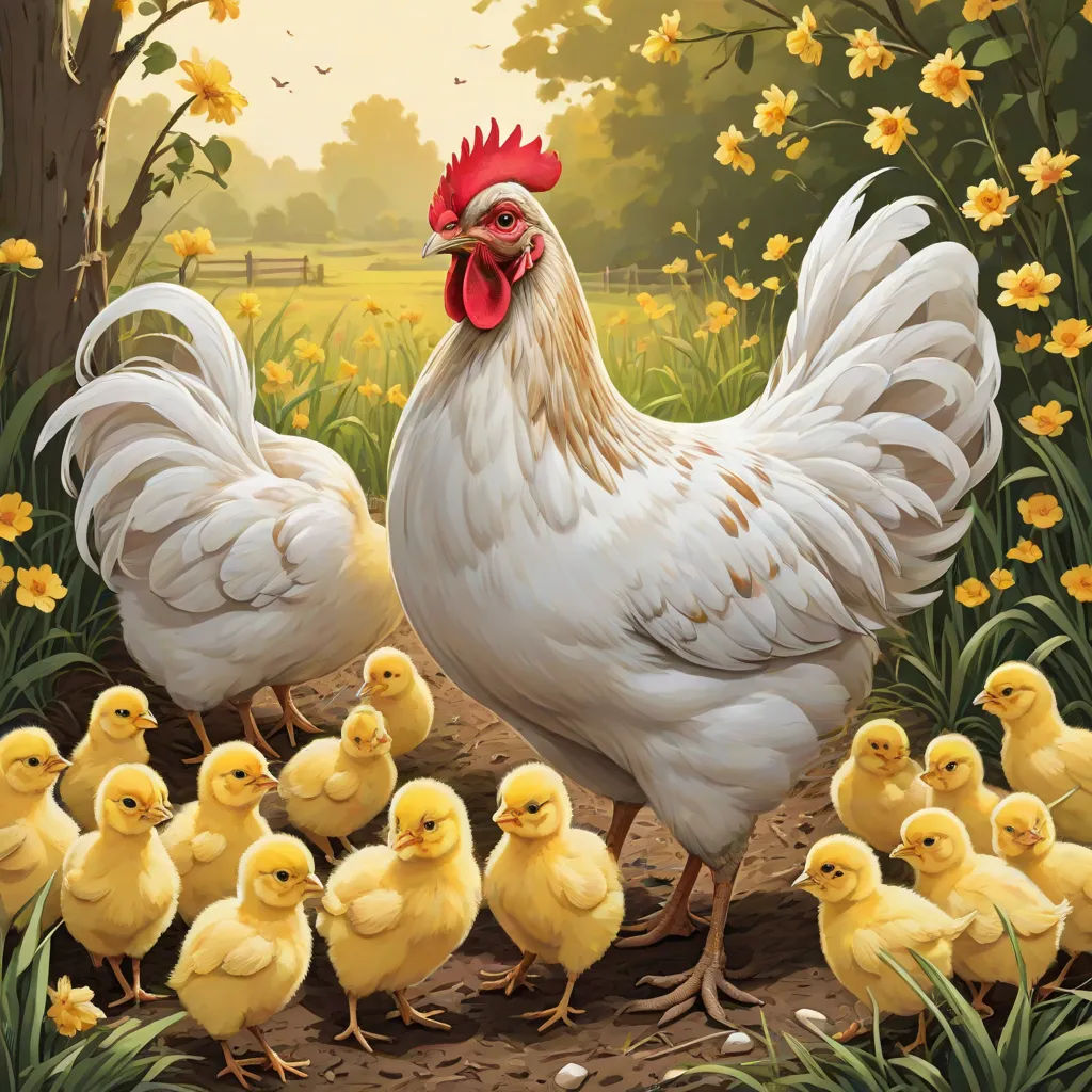 a painting of a chicken and her chicks in a field of flowers and daisies with a fence in the background, massurrealism, a storybook illustration, Anne Said, highly detailed digital art
