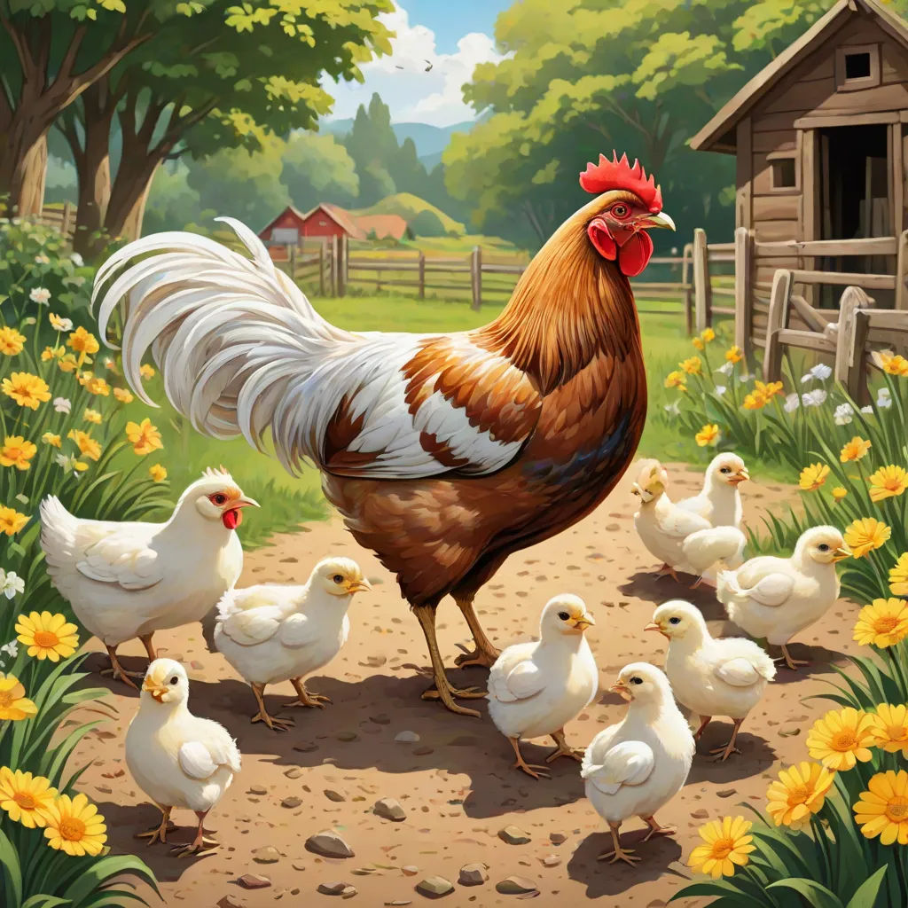 a chicken and her chicks are walking in a field of flowers and daisies near a barn and a fence, folk art, a storybook illustration, David Young Cameron, storybook illustration
