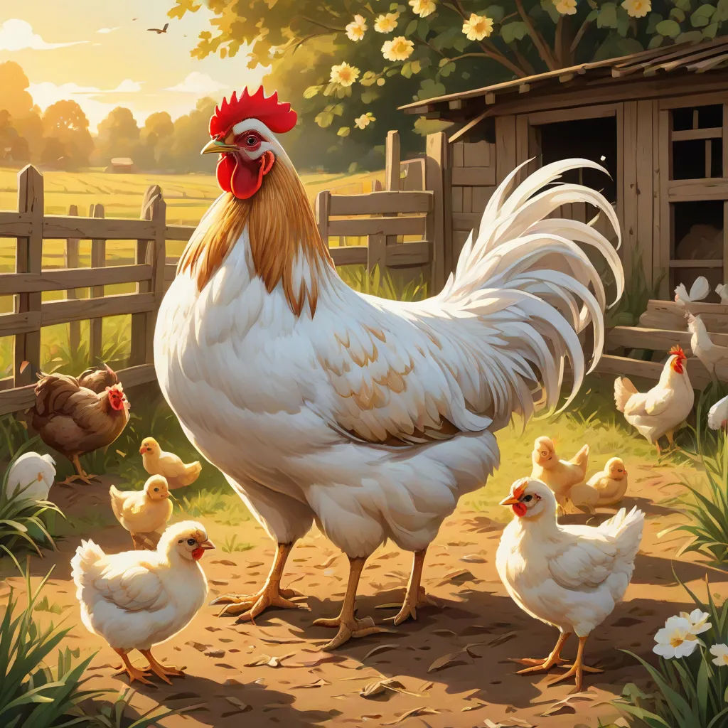 a painting of a chicken and her chicks in a farm yard with a fence and flowers in the background, symbolism, a storybook illustration, Chris LaBrooy, ultra realistic illustration