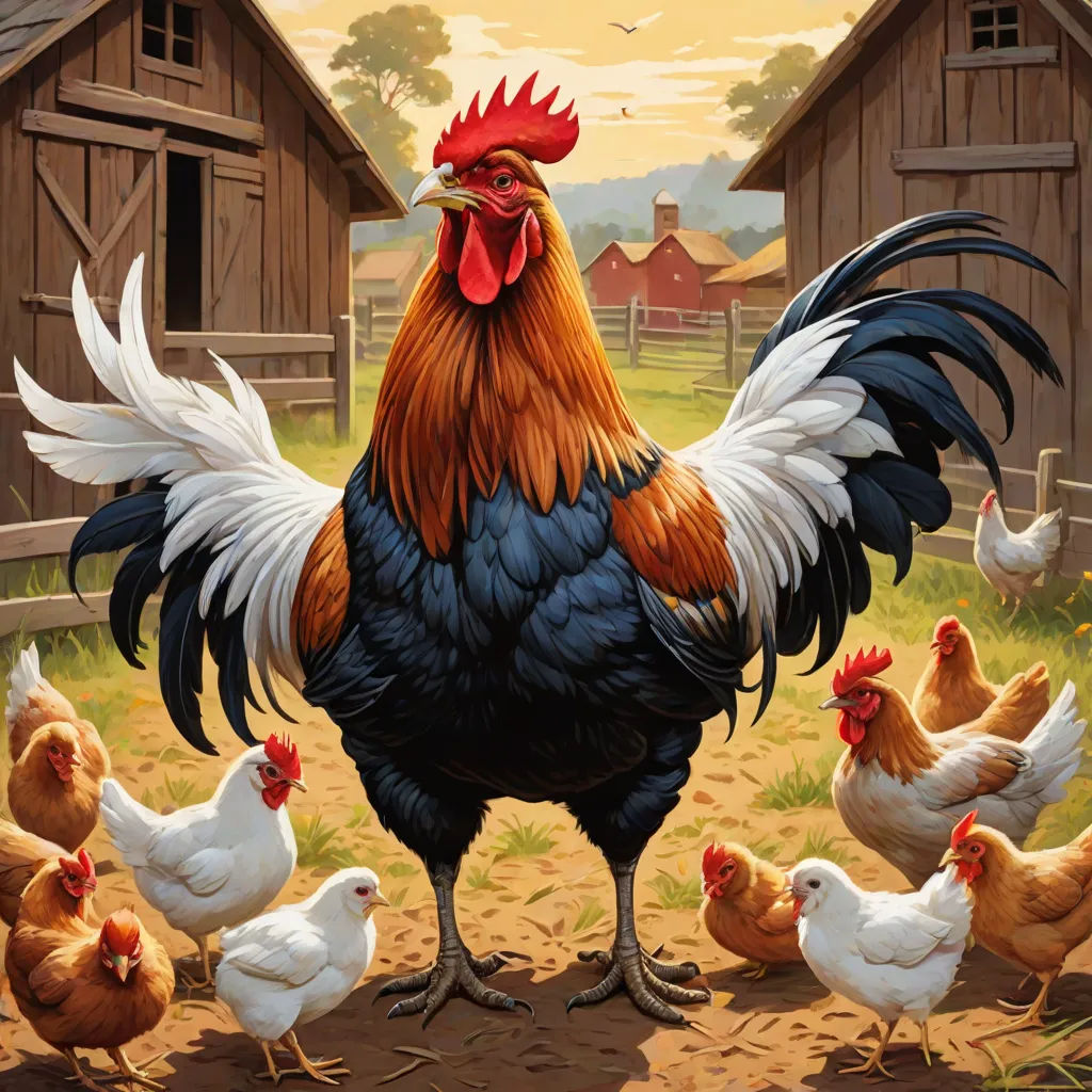 a painting of a rooster surrounded by chickens in a farm yard with a barn in the background and a sunset in the background, folk art, a storybook illustration, David Young Cameron, furaffinity