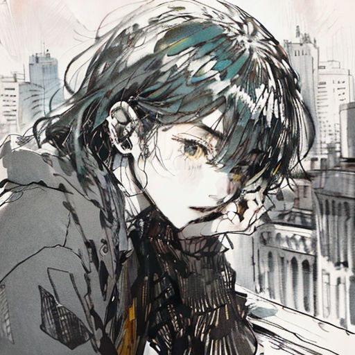 a drawing of a person with a jacket on and a city in the background with buildings and buildings behind them