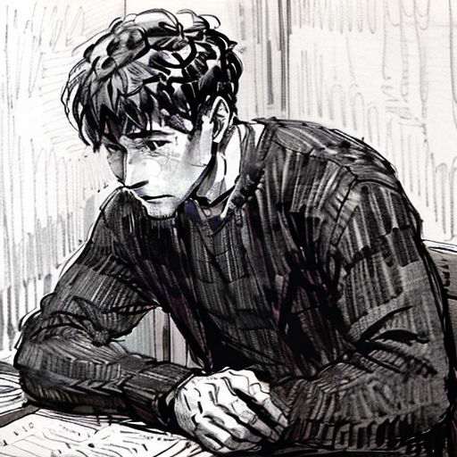 a man sitting at a table with a book in his hand and a pen in his hand, in a black and white drawing