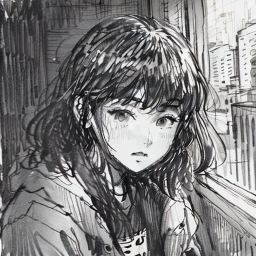 a drawing of a girl sitting on a bus looking out the window at the city skyline and drinking coffee