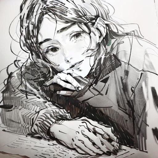 a drawing of a woman smoking a cigarette in a room with a wall behind her and a window behind her