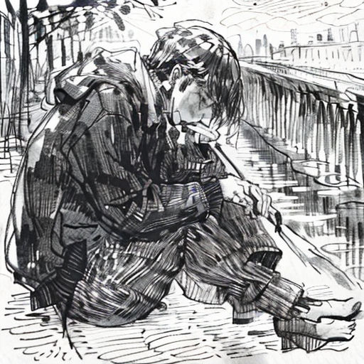 a drawing of a man sitting on a bench next to a river and a bridge with a bird flying overhead