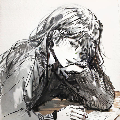 a drawing of a woman sitting at a table with a book in her hand and a pen in her hand