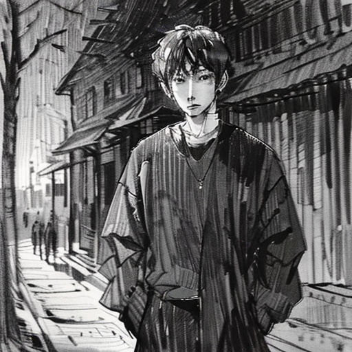 a drawing of a person standing in the rain in front of a building with a train on the tracks