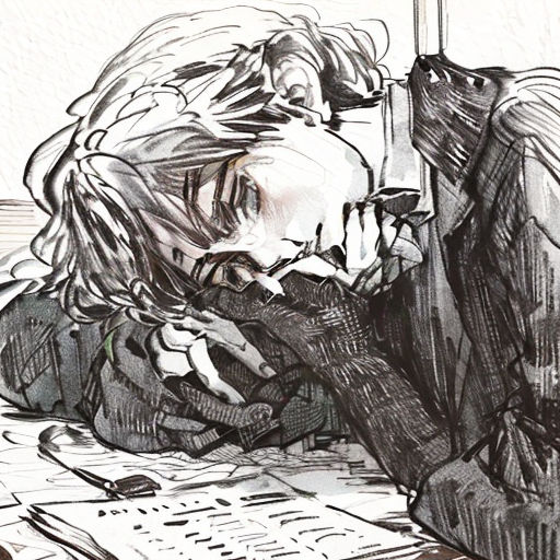 a drawing of a woman sitting at a desk with a phone in her hand and a book in her other hand
