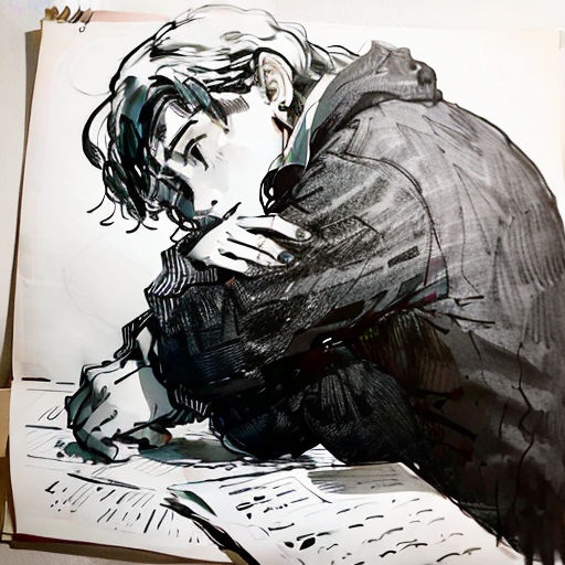 a drawing of a man sitting on top of a table next to a piece of paper with writing on it