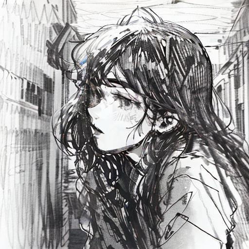 a drawing of a woman with long hair and a hat on her head is shown in a black and white photo