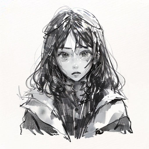 a drawing of a woman with long hair and a jacket on, with a white background and a black and white drawing of a woman with long hair