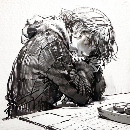 a drawing of a person sitting on a table with a laptop and papers on it, with a pen and ink drawing of a person sitting on a desk
