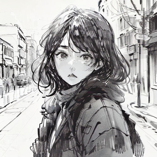 a drawing of a woman standing on a street corner in the snow with a coat on and a scarf around her neck
